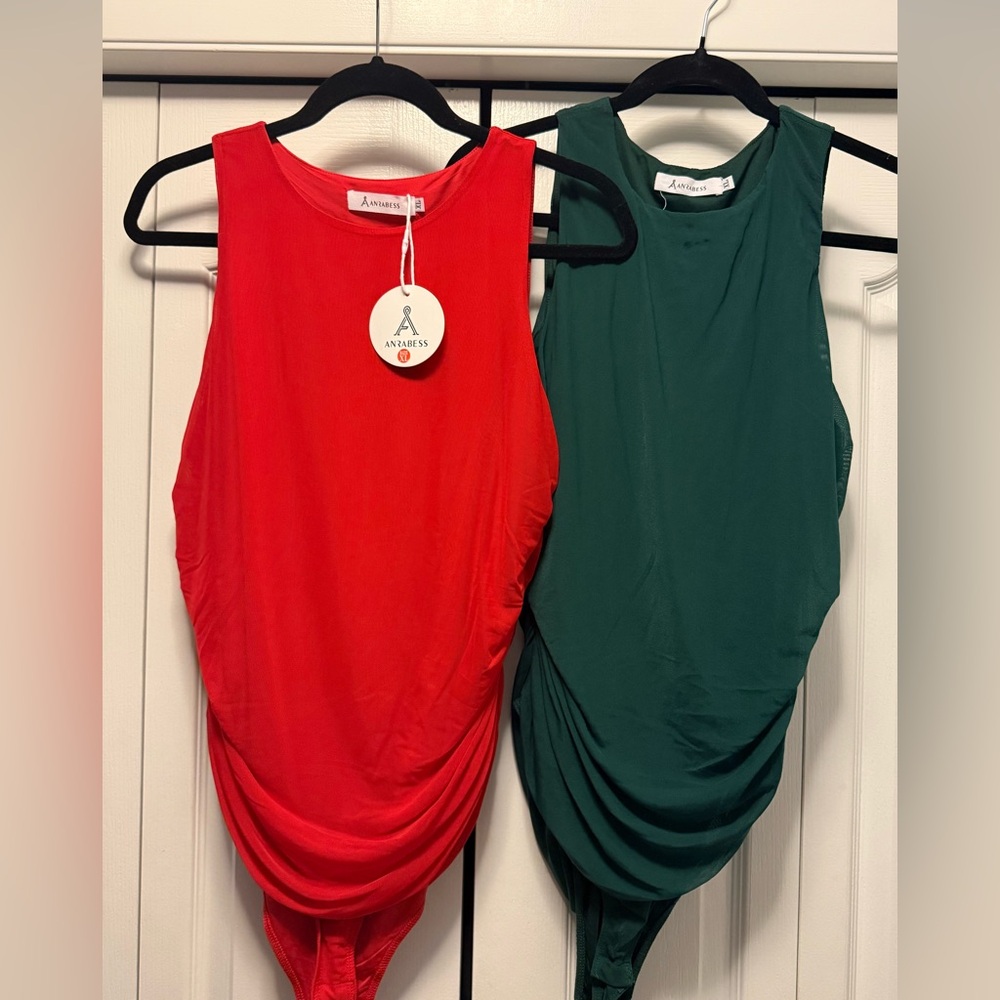 Anrabess Women's Sleeveless rouched  bodysuits - Red and Green